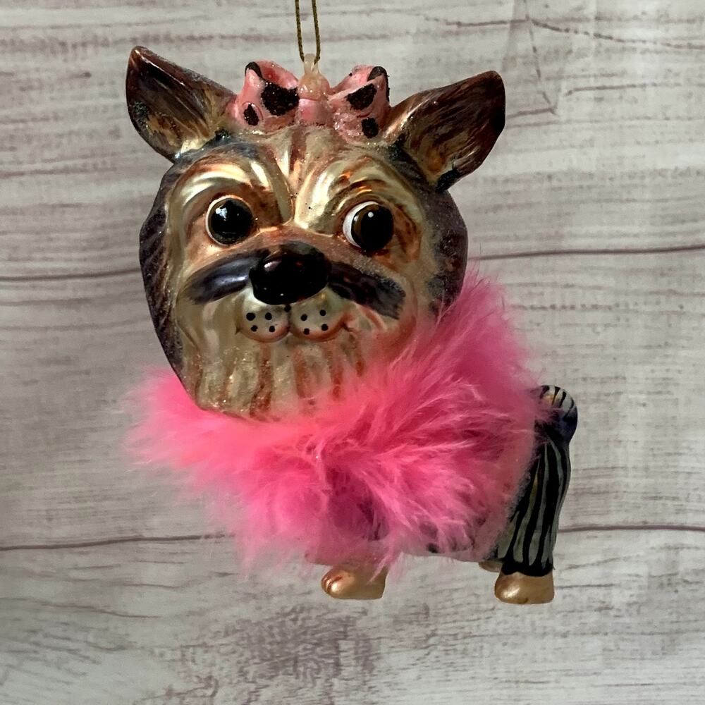 Yorkshire Terrier Dog Glass Christmas Tree Ornament Ballerina Feather Boa Yorkie